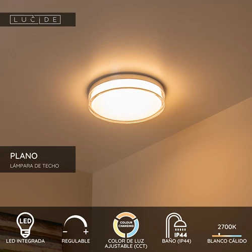 Lucide PLANO - Lámpara de techo Baño - Ø 28 cm - LED Regul. - CCT - 1x16W 2700K/4000K - IP44 - Ópalo - USP